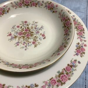 Vintage Remington Fine China Dinner PLATE AND SOUP BOWL Pink Blue Floral GoldRim